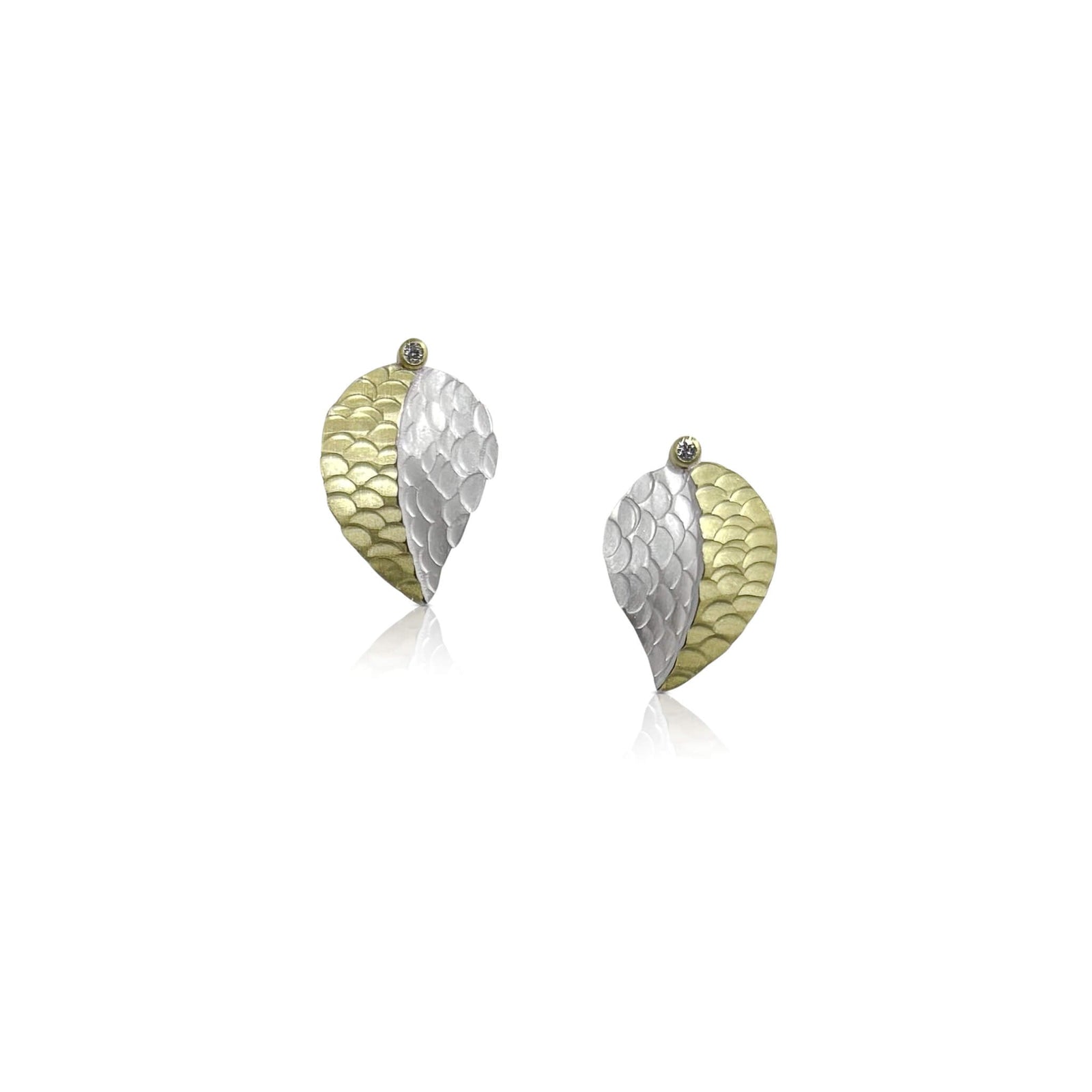 Bright Textured Leaf Studs w/Diamonds
